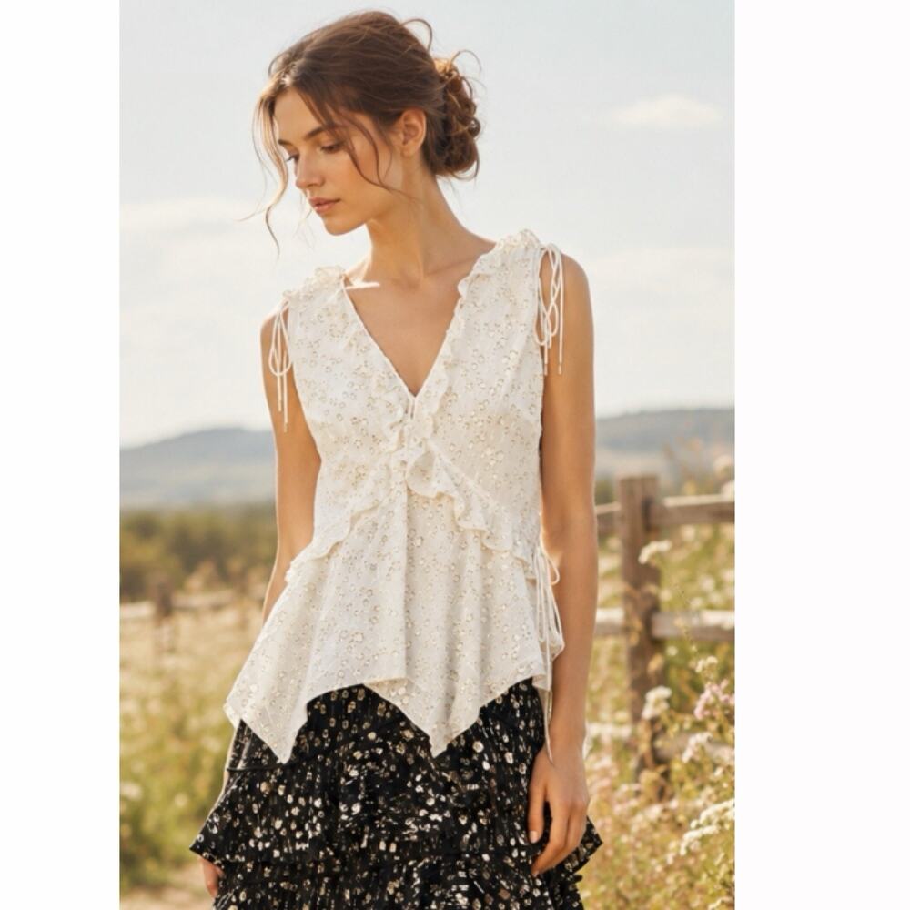 10 Crosby Derek Lam Silk Ruffle Blouse Ivory Metallic Sz 8 Romantic Prairie Top